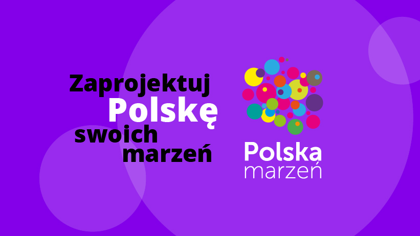 Zaprojektuj Polskę swoich marzeń, logo Polska marzeń z uproszczoną mapą Polski składającą się z wielokolorowych kółek na fioletowym tle
